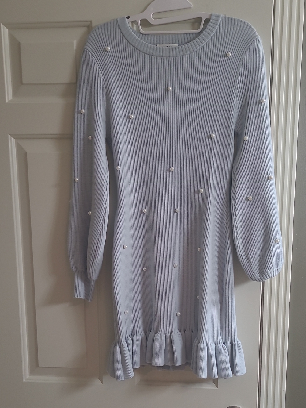 Light Blue Ribbed Sweater Dress with Pearl Embellishments